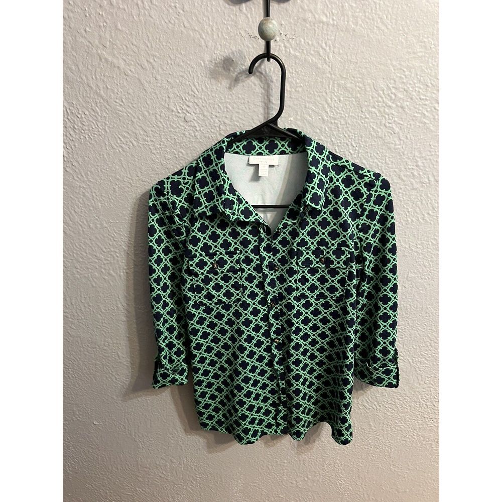 Charter Club Petite Shirt Womens‎ Size P/P Button Up Navy And Green